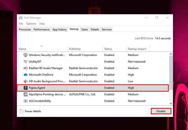 Màn hình Task Manager hiển thị tab Startup với danh sách ứng dụng khởi động và mức độ ảnh hưởng của chúng